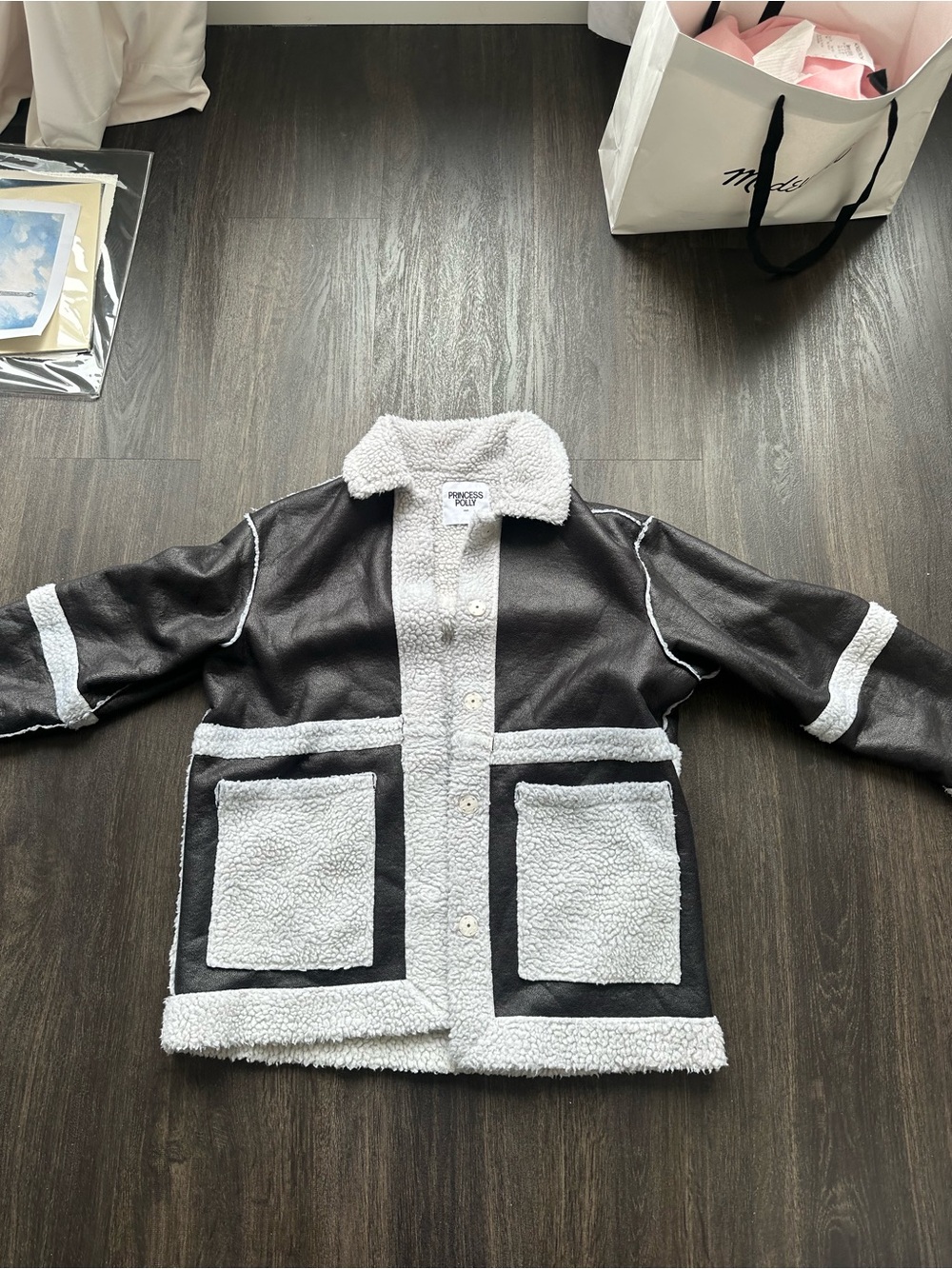 Princess Polly Charcoal Jacket with White Sherpa Trim